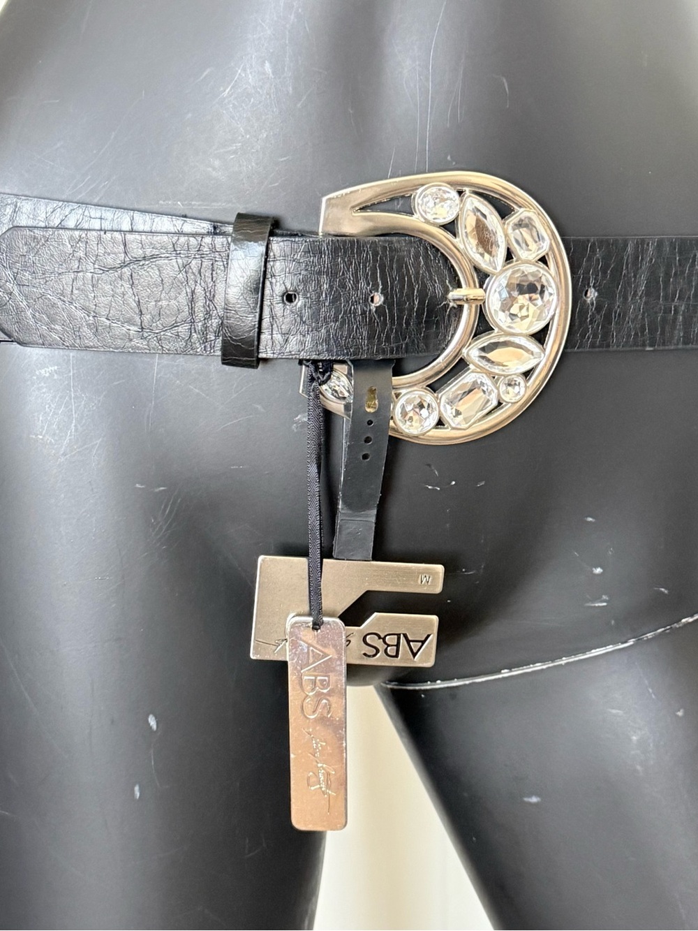 NWT ABS Allen Schwartz Black Leather Belt with Crystal-Studded SilverTone Buckle